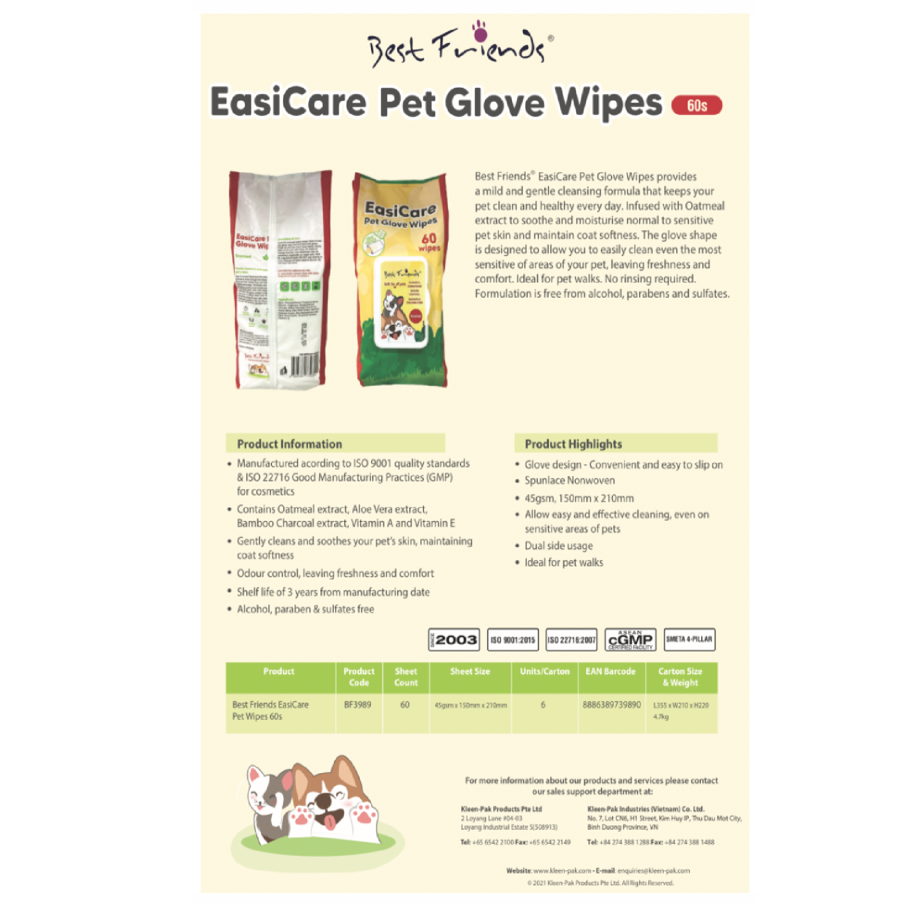 BEST FRIEND EASICARE Pet Glove Wipes 60 SHEETS/PACK