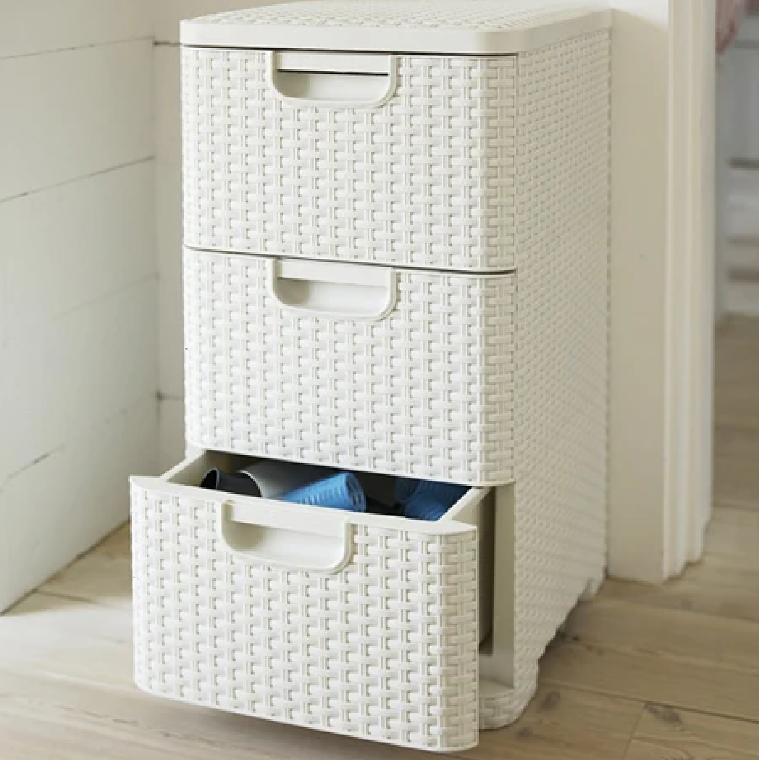 CURVER Rattan Style 3-DRAWER Cabinet OFF WHITE