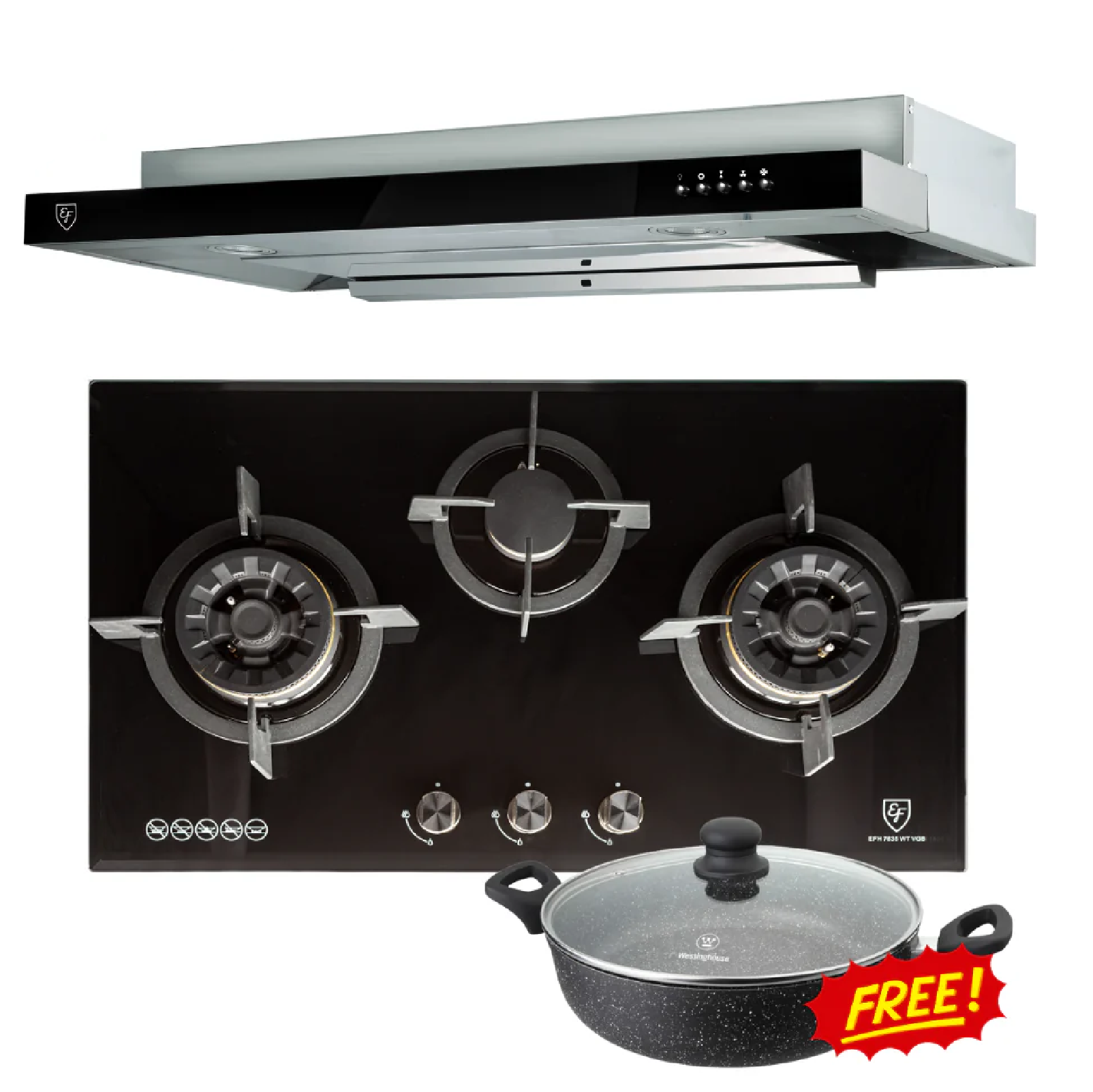 EF BUNDLE PROMO 90CM SS Cooker Hood + 78CM OR 86CM BLACK Gas Hob SPECIAL
