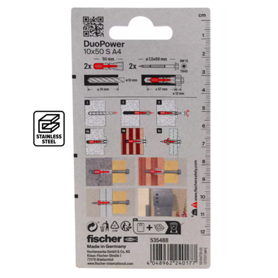 FISCHER DUOPOWER 10MM X 50MM Screw A4 Stainless Steel 2PC/PACK 535488