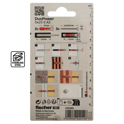 FISCHER DUOPOWER 5MM X 25MM Screw A2 Stainless Steel 8PC/PACK 535485