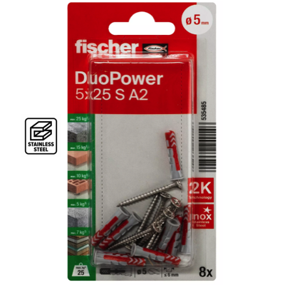 FISCHER DUOPOWER 5MM X 25MM Screw A2 Stainless Steel 8PC/PACK 535485