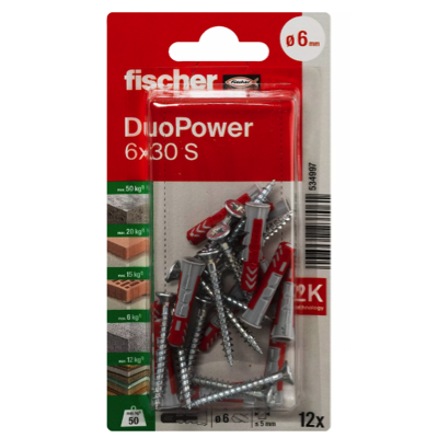 FISCHER DUOPOWER 6MM X 30MM Galvanised Screw 12PC/PACK 534997