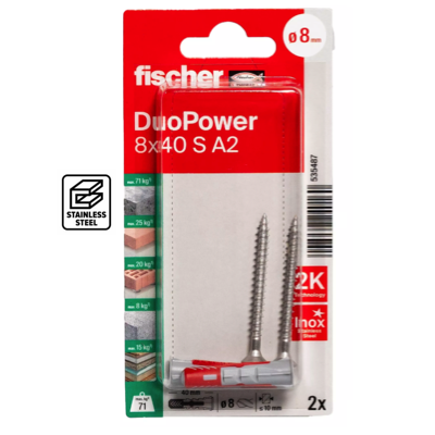 FISCHER DUOPOWER 8MM X 40MM Screw A2 Stainless Steel 2PC/PACK 535487