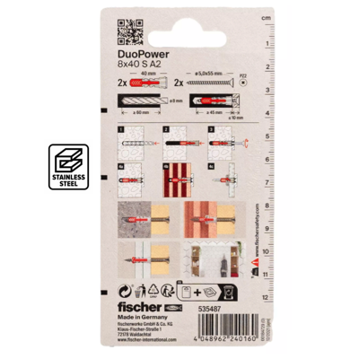 FISCHER DUOPOWER 8MM X 40MM Screw A2 Stainless Steel 2PC/PACK 535487