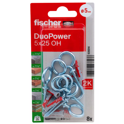FISCHER DUOPOWER Expansion Wall Plug 5MM X 25MM With Eye Hook 8PC/PACK 535014