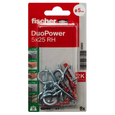 FISCHER DUOPOWER Expansion Wall Plug 5MM X 25MM With Open Round Hook 8PC/PACK 535012