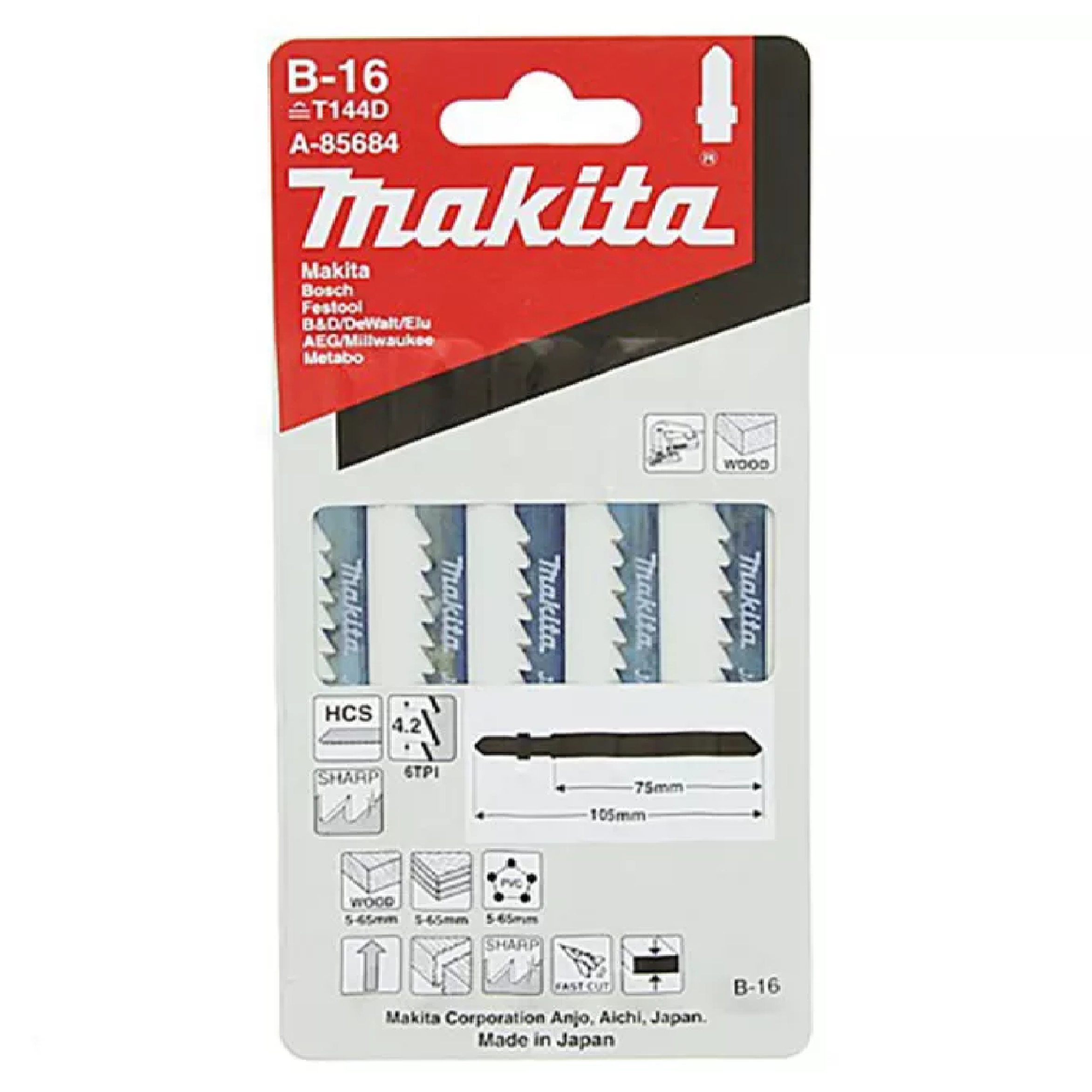 Makita A-85684 B-16 Jigsaw Blade 75MM X 6TPI HCS Bayonet 5PC/Pack