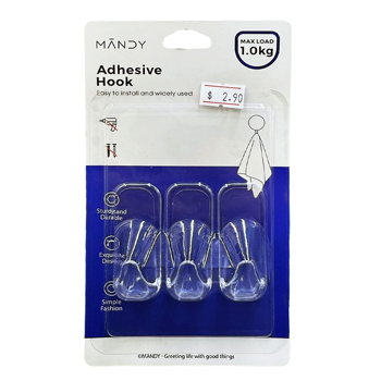 MANDY Transparent Self Adhesive MEDIUM Hook 3PC/PACK UP TO 1KG Load