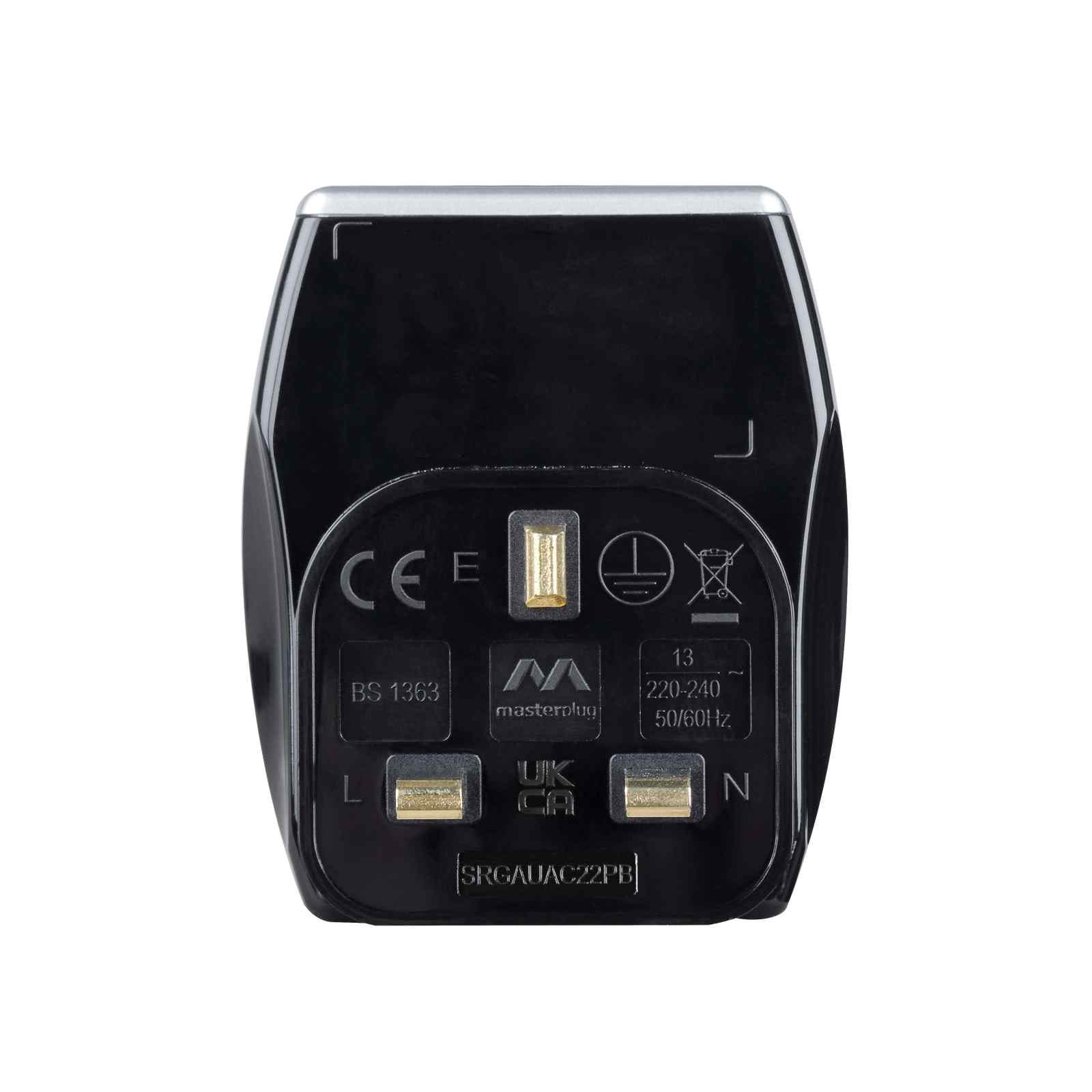Masterplug SURGE Adaptor FAST CHARGE USB A & C BLACK SRGAUAC22PB