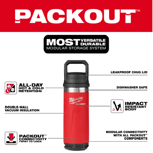 MILWAUKEE PACKOUT 18oz (530ML) Insulated Bottle With Chug Lid BLACK 48-22-8382B
